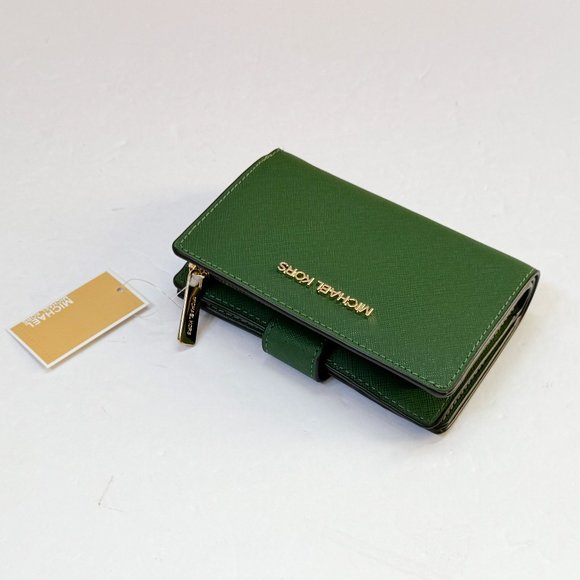 Michael Kors Jet Set Travel Medium Bifold Coin Zipper Wallet Fern Green - Picture 4 of 11